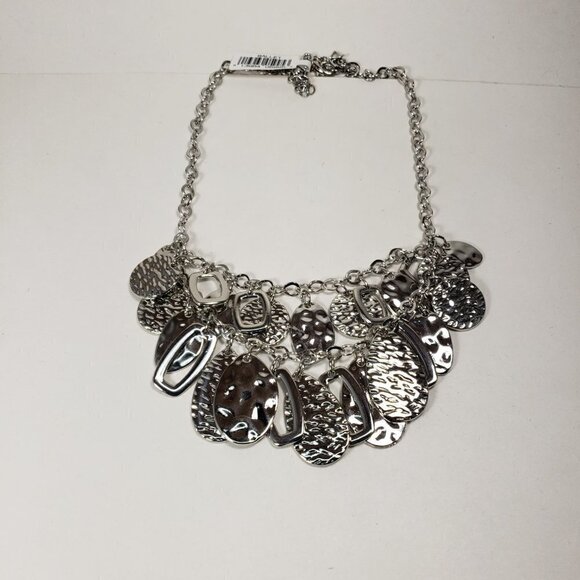 Polished  Silver tone Layered Textured, Hammered Discs Hoops Charms Necklace - Picture 6 of 10